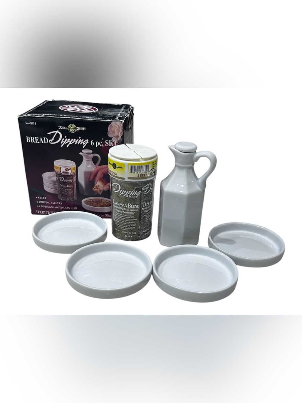 Bread Dipping Set with White Ceramic Dishes and Oil Cruet